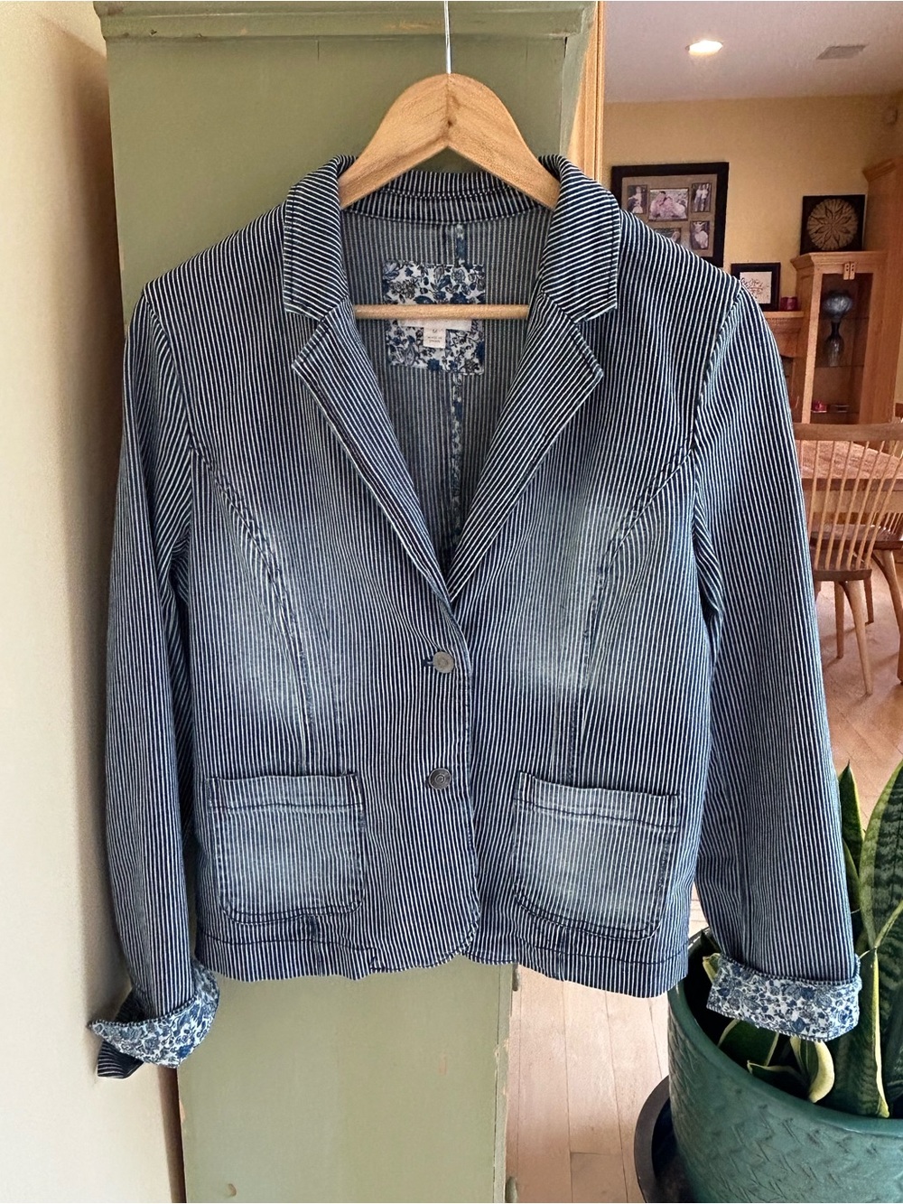 Kenar Vintage Y2K Railroad Stripe Denim Floral Accent Blazer Jacket Size Medium